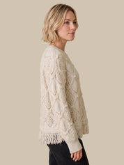 Pointelle Fringe Crewneck Sweater