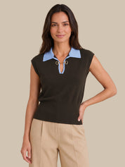 Contrast Collar Horsebit Keyhole Sleeveless Top