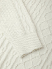 Close-up of a cream-colored cable-knit sweater showing the ribbed cuff and textured knit pattern.