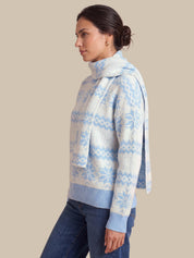 A woman shown in side profile wearing a light blue and white patterned knit sweater with a high ribbed collar and blue jeans, against a solid beige background.