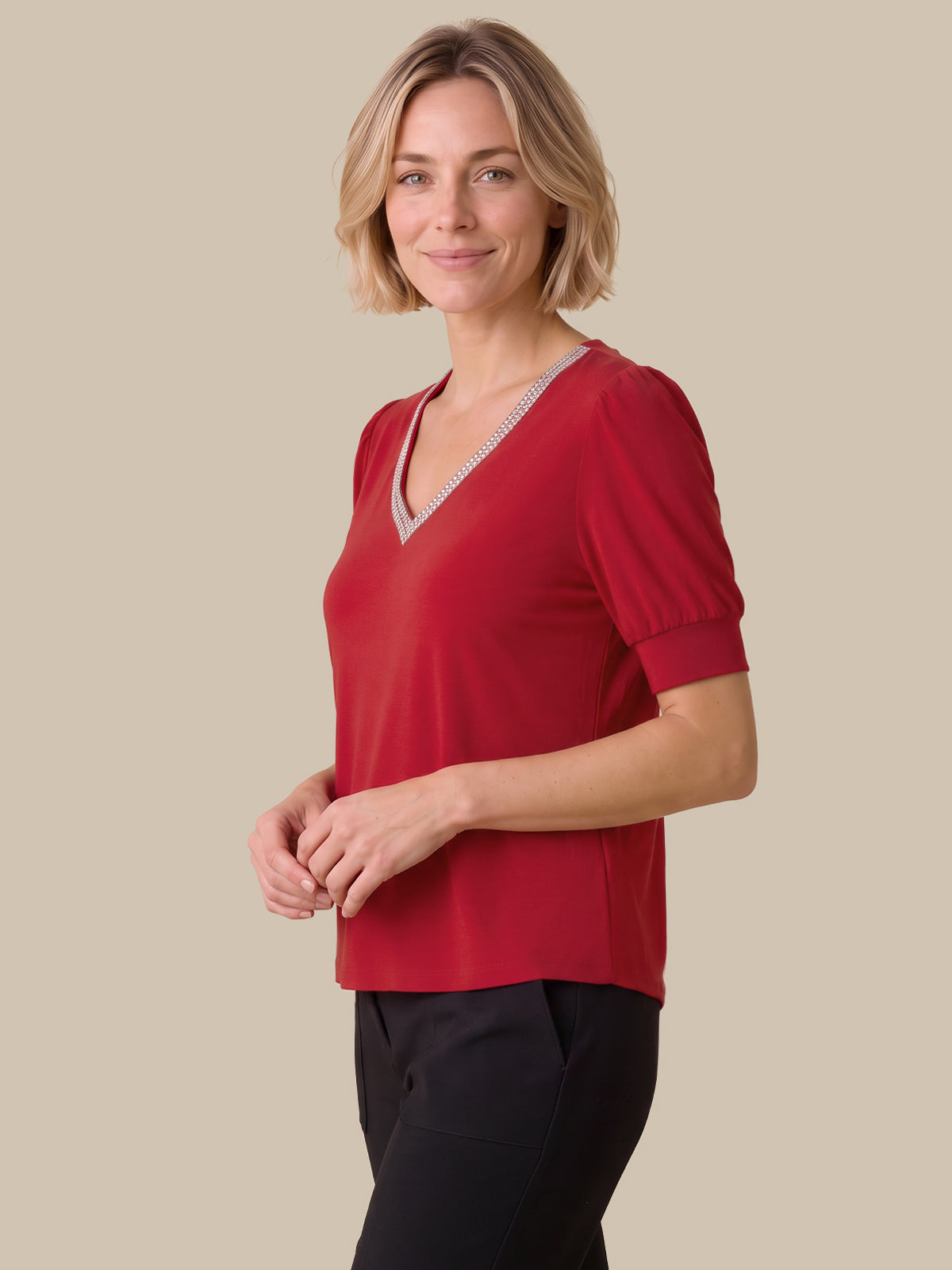 Gel Tape V-Neck Puff Sleeve Top