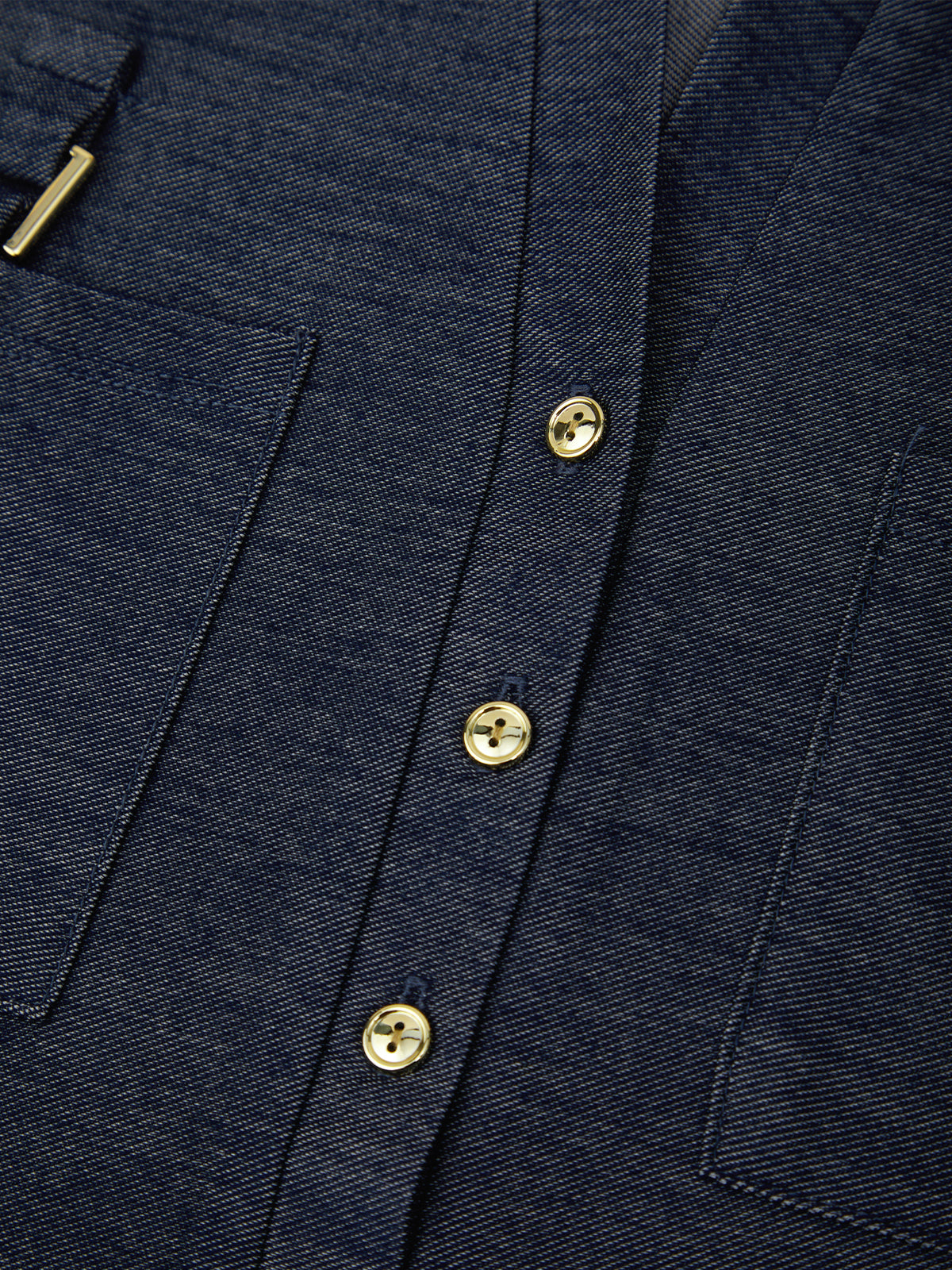 Close-up of a navy blue jacket with gold buttons