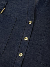 Close-up of a navy blue jacket with gold buttons