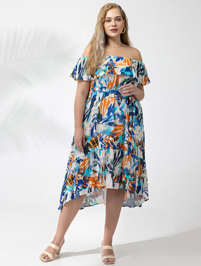 Tropical Print Off The Shoulder Dress