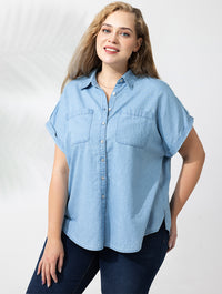 Plus Dolman Chambray Button Down Shirt